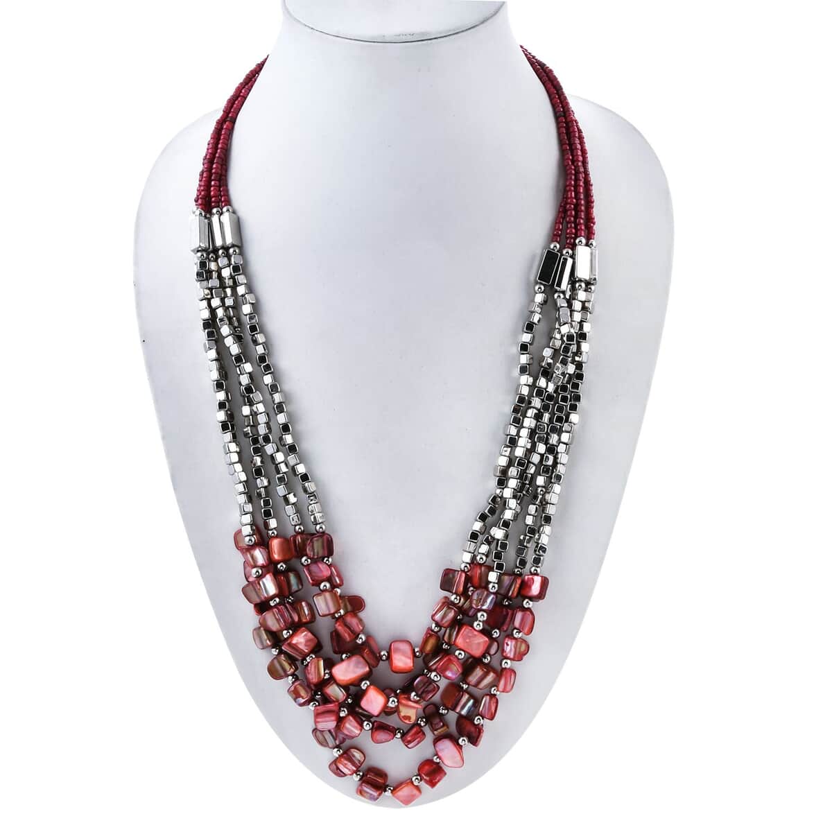 Red Shell and Seed Beaded Earrings and Wrap Bracelet and Multi Strand Necklace in Stainless Steel 22 Inches image number 2