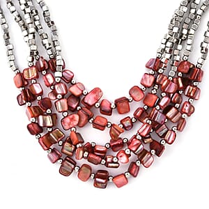 Red Shell and Seed Beaded Earrings and Wrap Bracelet and Multi Strand Necklace in Stainless Steel 22 Inches