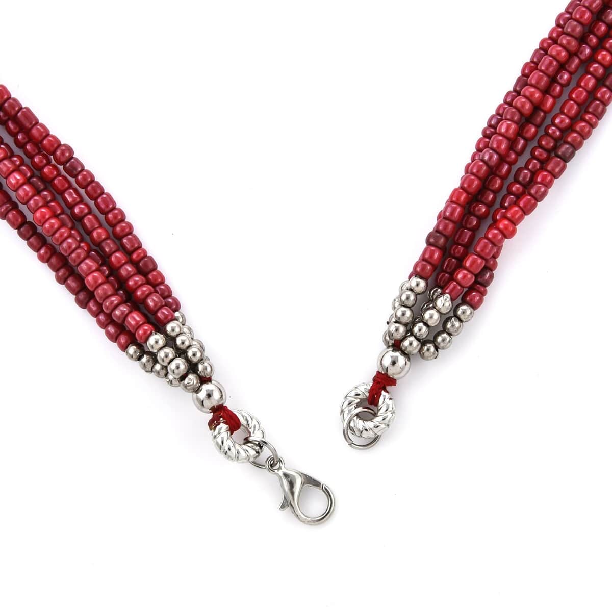 Red Shell and Seed Beaded Earrings and Wrap Bracelet and Multi Strand Necklace in Stainless Steel 22 Inches image number 4