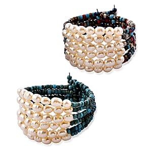 Set of 2 Simulated Pearl Cuff Bracelets in Silvertone, Multi Color Bracelets For Women
