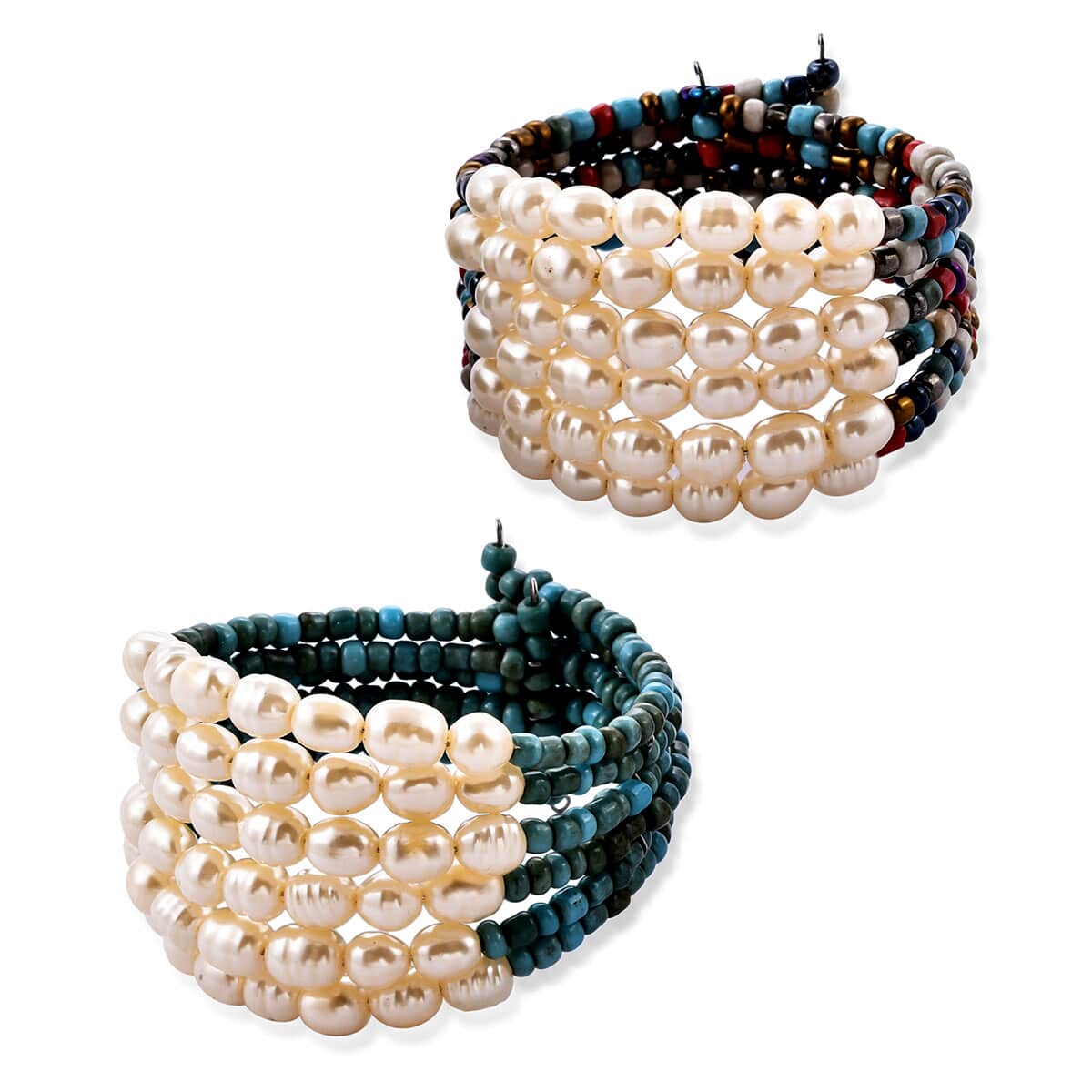 Set of 2 Simulated Pearl Cuff Bracelets in Silvertone, Multi Color Bracelets For Women image number 0