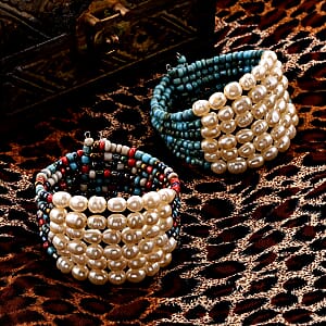 Set of 2 Simulated Pearl Cuff Bracelets in Silvertone, Multi Color Bracelets For Women