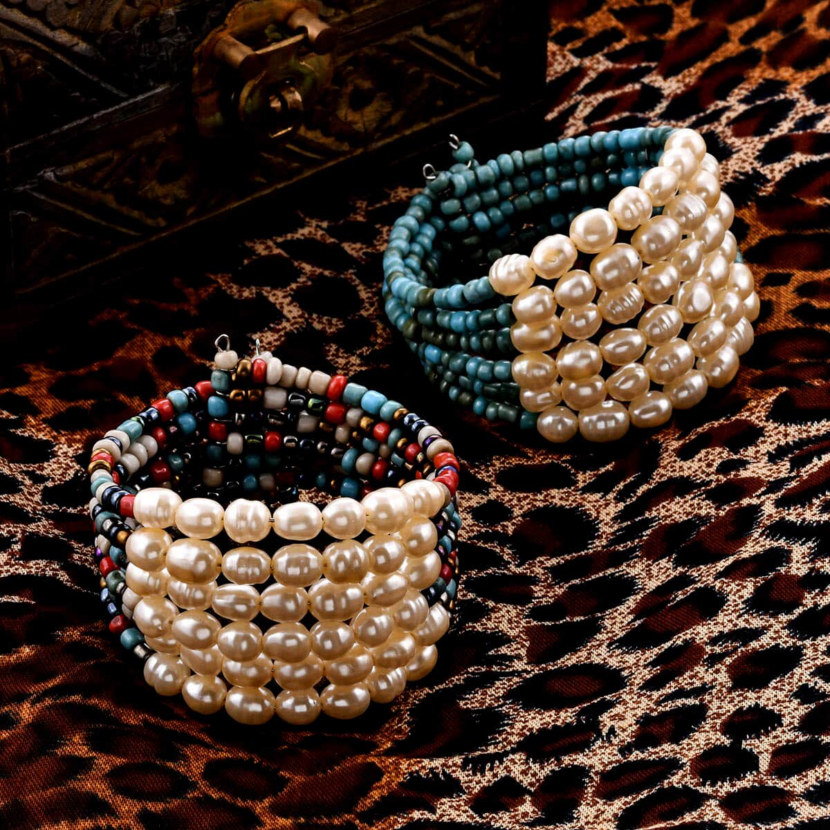 Set of 2 Simulated Pearl Cuff Bracelets in Silvertone, Multi Color Bracelets For Women image number 1