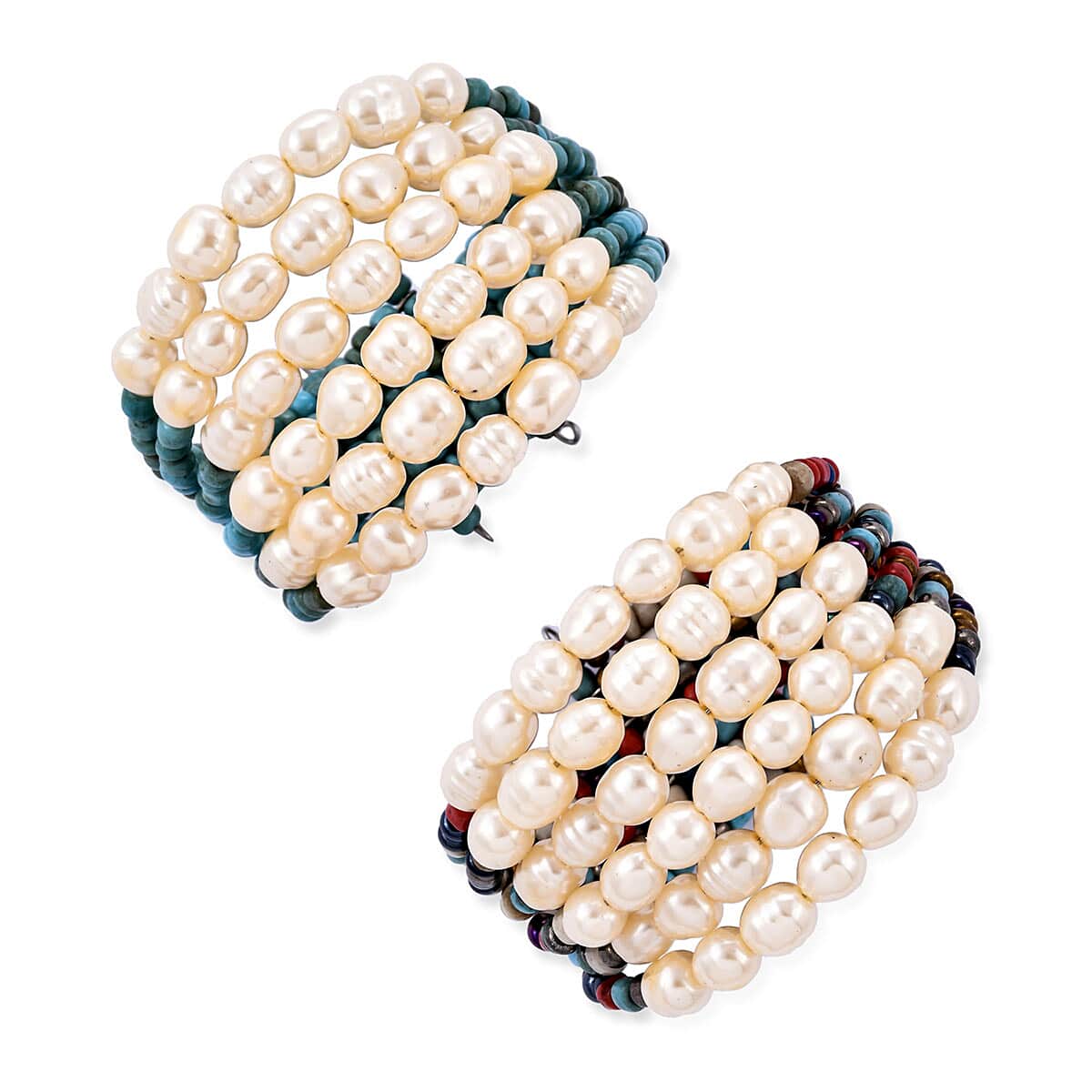 Set of 2 Simulated Pearl Cuff Bracelets in Silvertone, Multi Color Bracelets For Women image number 2