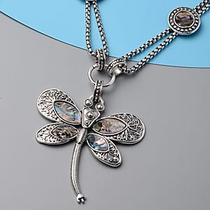 Doorbuster Creature Couture - Abalone Shell and Austrian Crystal Dragonfly Necklace in Silvertone 20-22 Inches