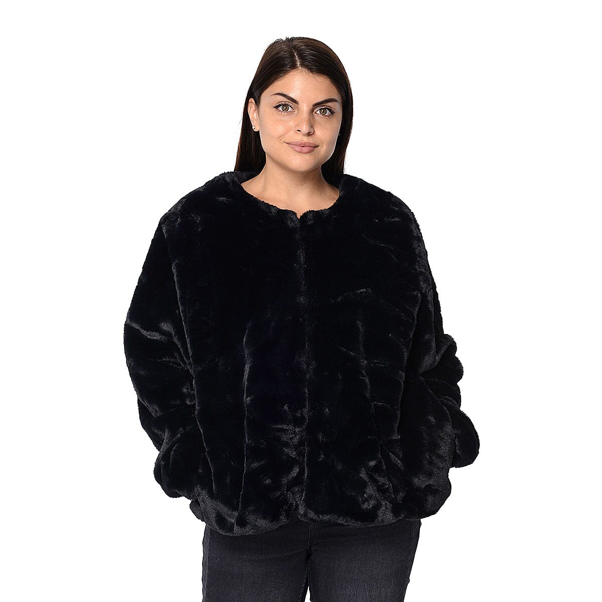 Black Faux Fur Collarless Winter Coat (S, Polyester) image number 0