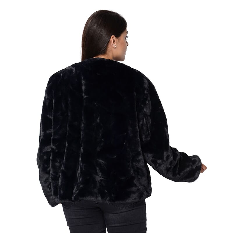 Black Faux Fur Collarless Winter Coat (S, Polyester)
