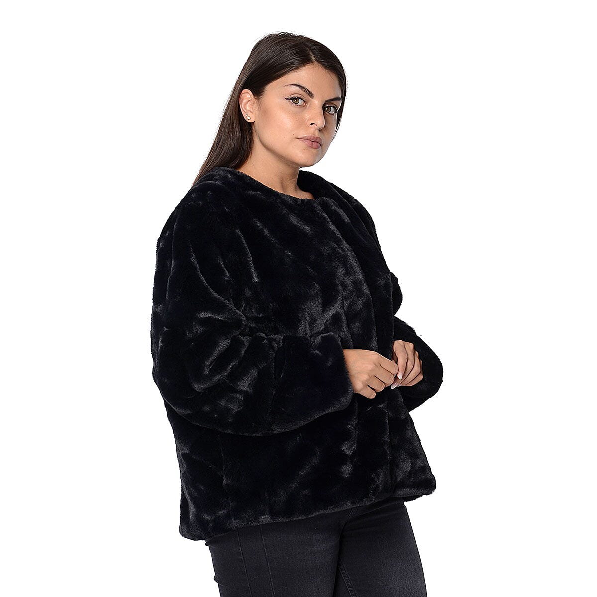 Black Faux Fur Collarless Winter Coat (S, Polyester) image number 2