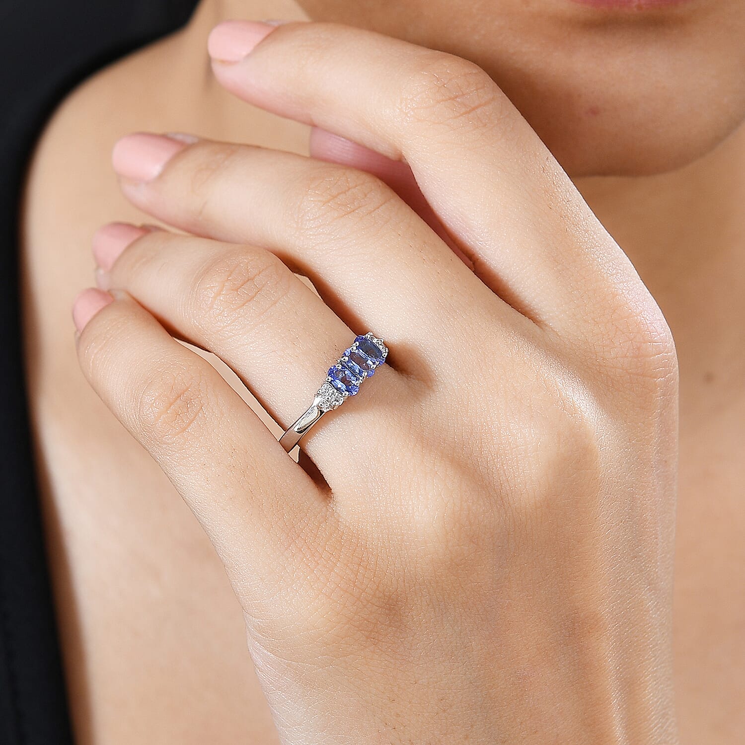 D'Joy Premium Tanzanite and White Zircon Ring in Platinum Over Sterling Silver (Size 10.0) 0.85 ctw
