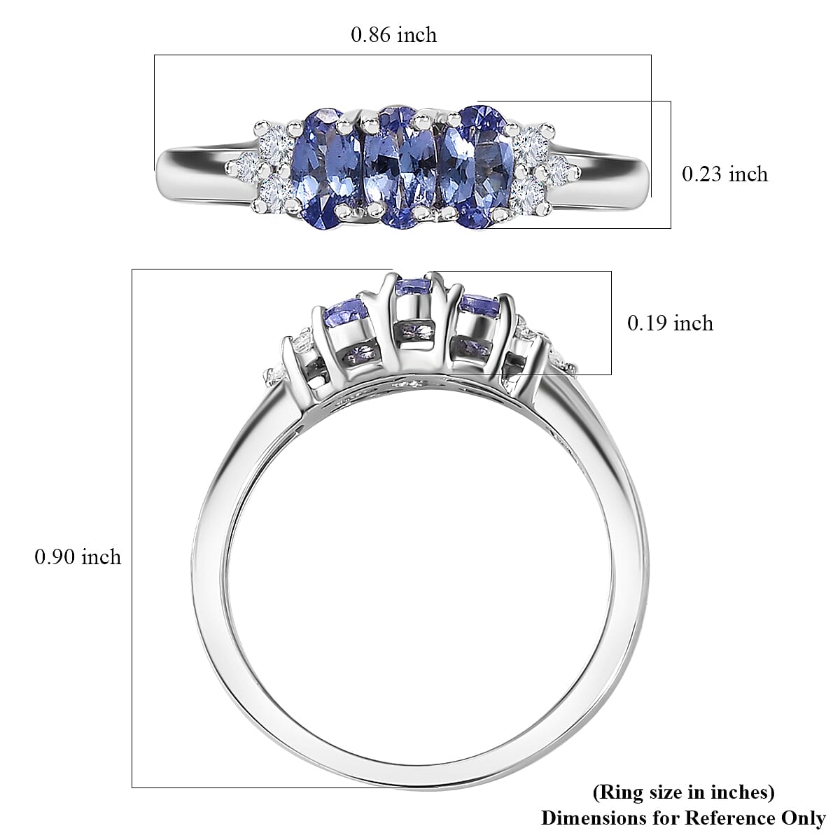 D'Joy Premium Tanzanite and White Zircon Ring in Platinum Over Sterling Silver (Size 10.0) 0.85 ctw