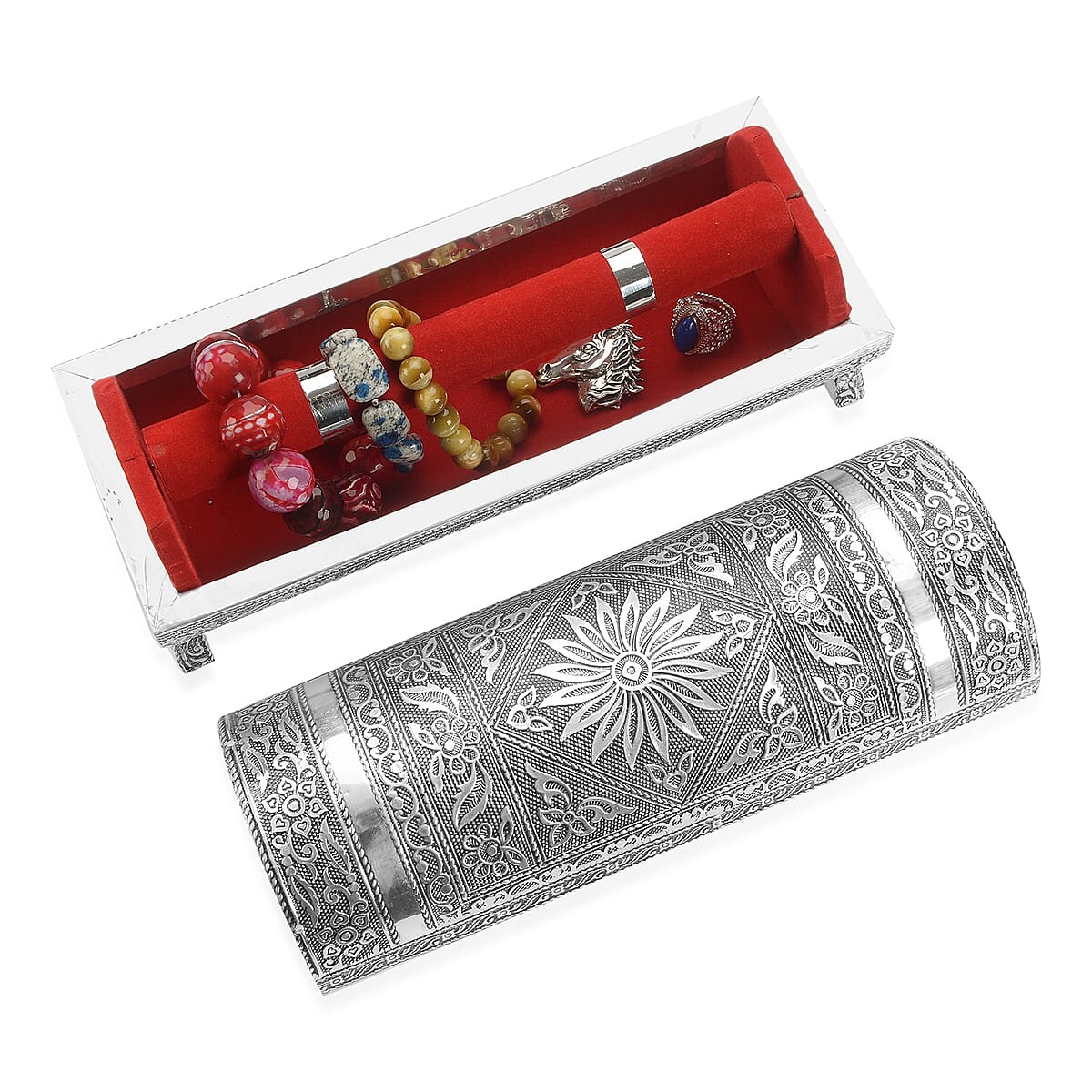 Hand Embossed Oxidized Round Wooden Bangle Box With Scratch Protectopn Interior (10x3.75x 3.75) image number 2