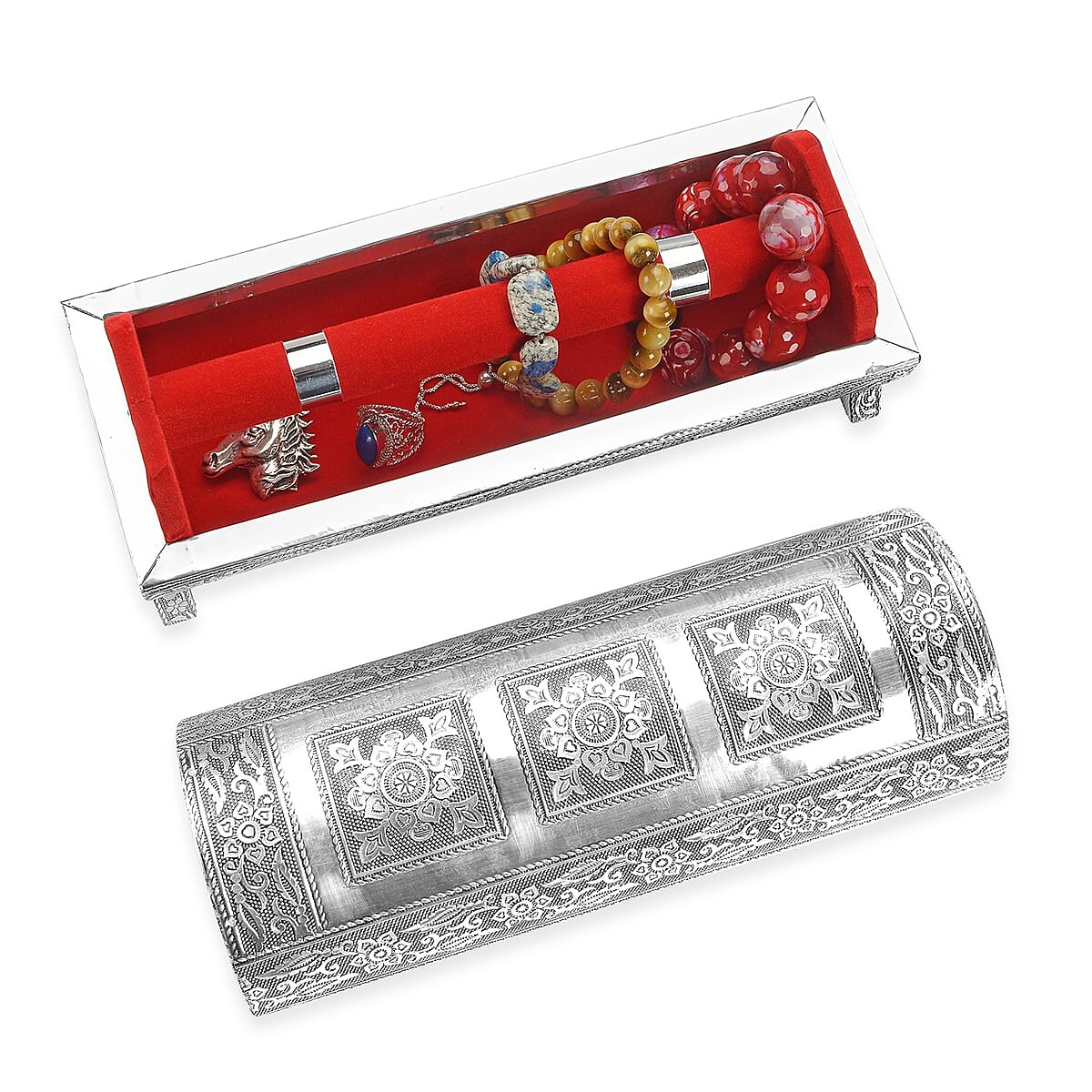 Hand Embossed Oxidized Round Wooden Bangle Box With Scratch Protection Interior image number 2