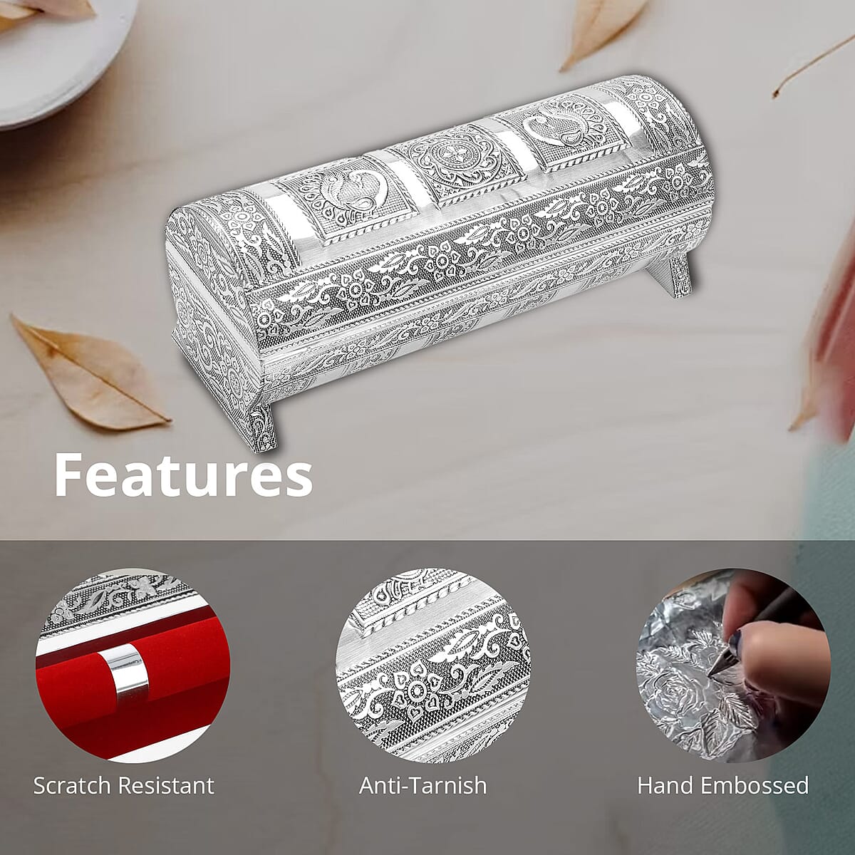 Hand Embossed Oxidized Round Wooden Bangle Box With Scratch Protection Interior image number 1