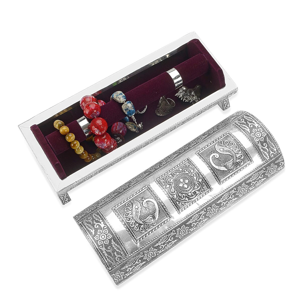 Hand Embossed Oxidized Round Wooden Bangle Box With Scratch Protection Interior image number 3