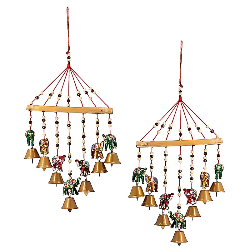 Set of 2 Home Room Decor Handcrafted Wooden Elephant Outdoor Wind Chime Big Iron Bell Noise Maker Multi Color