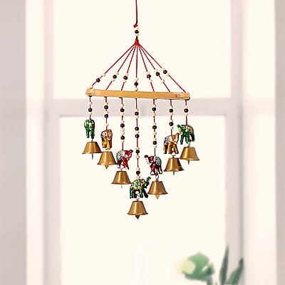 Set of 2 Home Room Decor Handcrafted Wooden Elephant Outdoor Wind Chime Big Iron Bell Noise Maker Multi Color