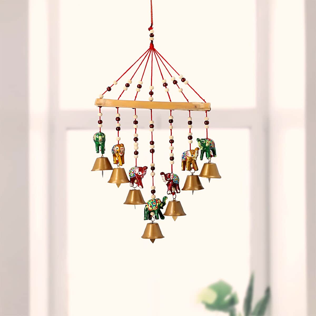 Set of 2 Home Room Decor Handcrafted Wooden Elephant Outdoor Wind Chime Big Iron Bell Noise Maker Multi Color image number 1