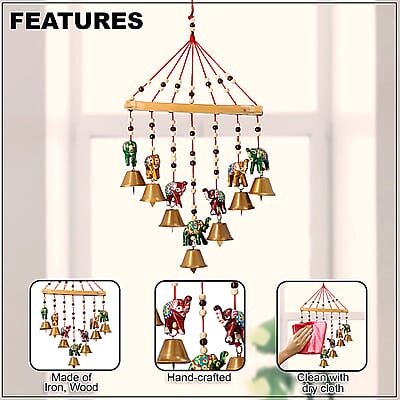 Set of 2 Home Room Decor Handcrafted Wooden Elephant Outdoor Wind Chime Big Iron Bell Noise Maker Multi Color