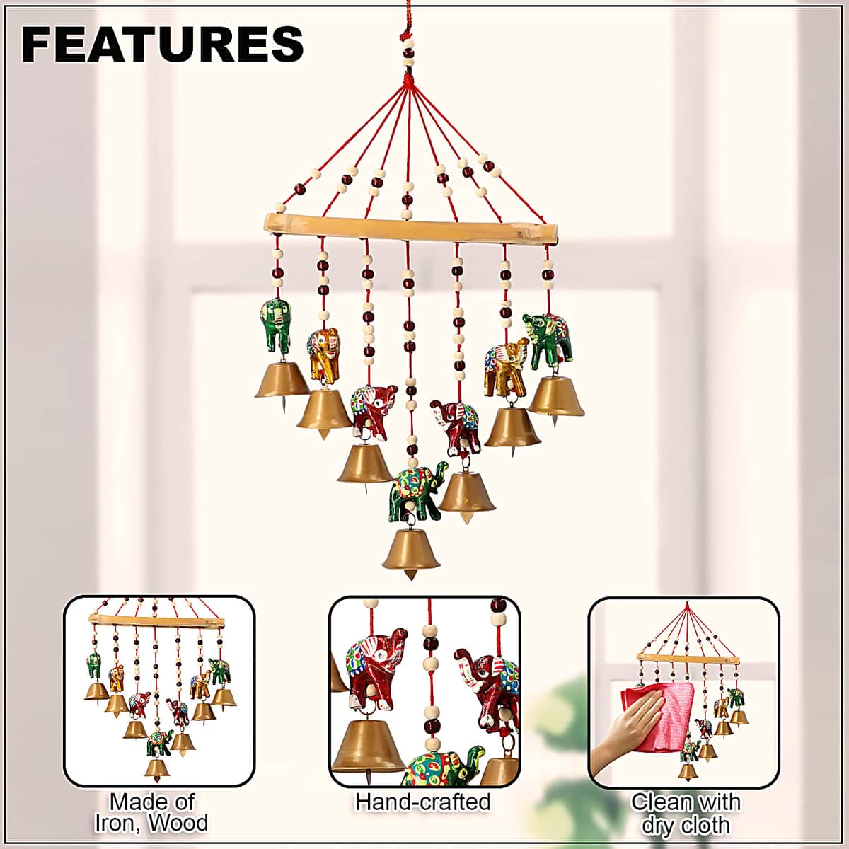 Set of 2 Home Room Decor Handcrafted Wooden Elephant Outdoor Wind Chime Big Iron Bell Noise Maker Multi Color image number 2