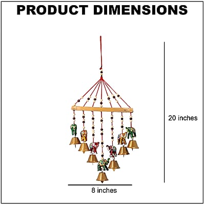 Set of 2 Home Room Decor Handcrafted Wooden Elephant Outdoor Wind Chime Big Iron Bell Noise Maker Multi Color