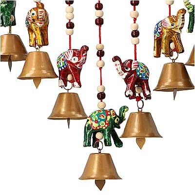 Set of 2 Home Room Decor Handcrafted Wooden Elephant Outdoor Wind Chime Big Iron Bell Noise Maker Multi Color