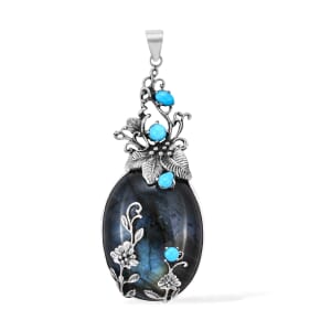 Bali Legacy Labradorite and Sleeping Beauty Turquoise Pendant For Women in Sterling Silver