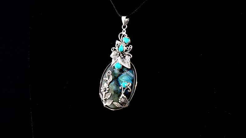 BALI LEGACY 95.80 ctw Malagasy Labradorite and Natural Arizona Sleeping Beauty Turquoise Pendant in Sterling Silver