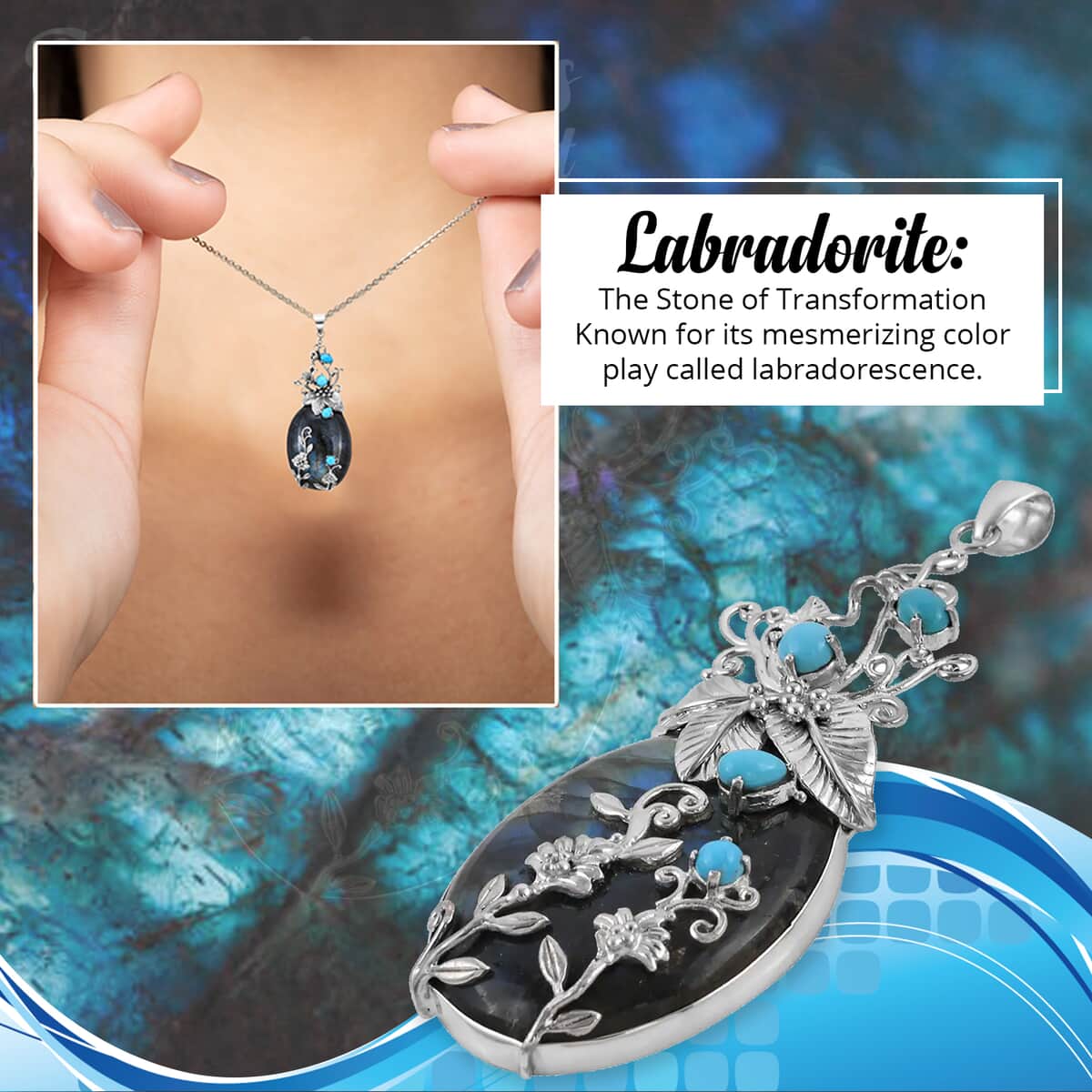 BALI LEGACY 95.80 ctw Malagasy Labradorite and Natural Arizona Sleeping Beauty Turquoise Pendant in Sterling Silver image number 1