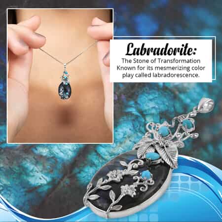 Mother\'s day jewelry Bali Legacy Malagasy Labradorite, Sleeping Beauty  Turquoise Pendant in Sterling Silver 95.80 ctw at ShopLC