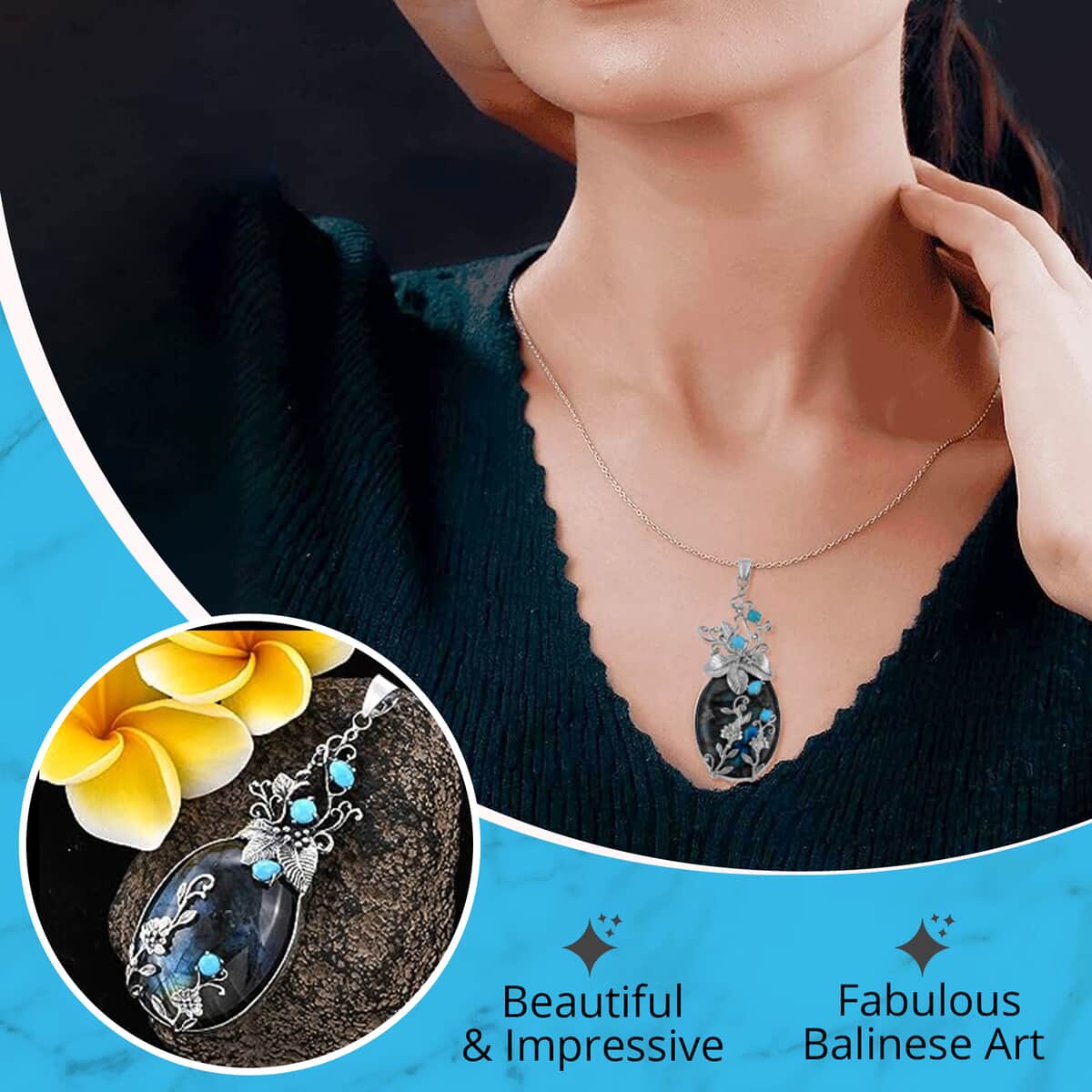 Mother’s Day Gift Bali Legacy Labradorite and Sleeping Beauty Turquoise Pendant For Women in Sterling Silver image number 2