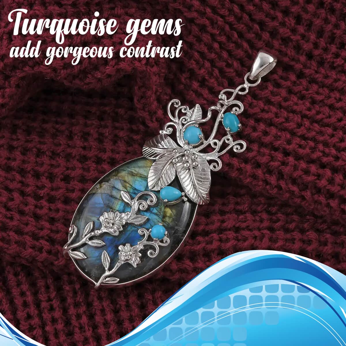 BALI LEGACY 95.80 ctw Malagasy Labradorite and Natural Arizona Sleeping Beauty Turquoise Pendant in Sterling Silver image number 3
