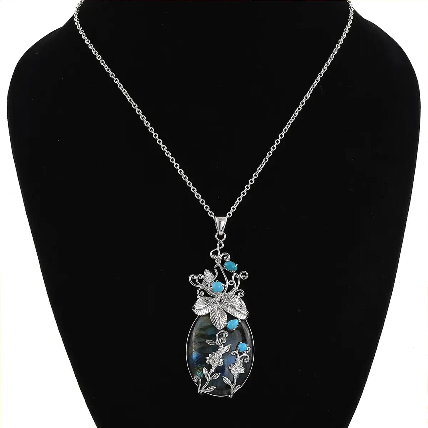 Bali Legacy Labradorite and Sleeping Beauty Turquoise Pendant For Women in Sterling Silver