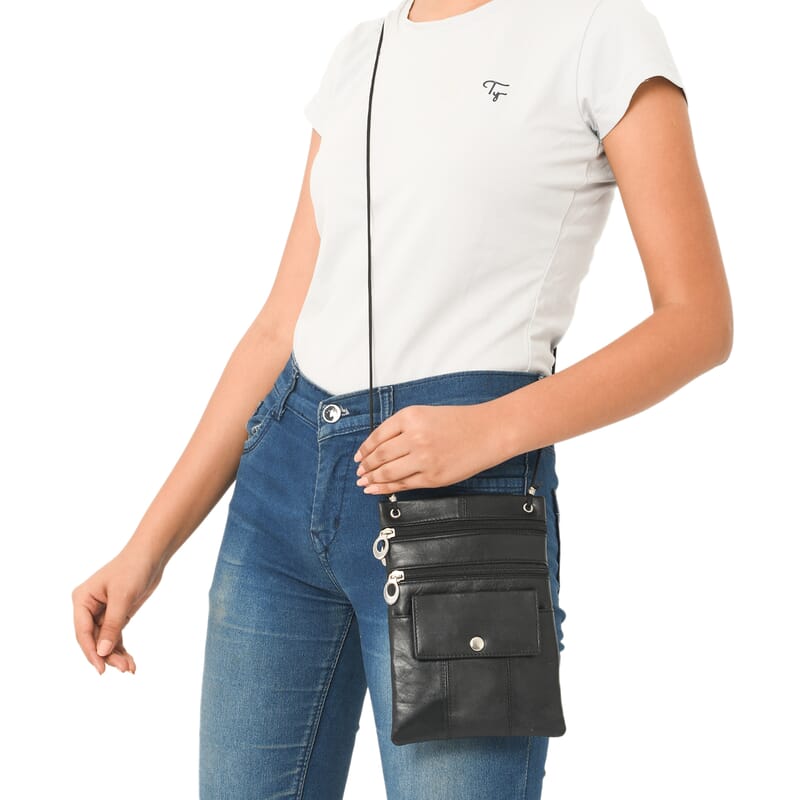 Newage Black 100% Genuine Leather Crossbody Bag with Man-made Straps