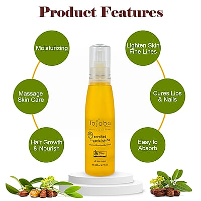 The Jojoba Company Natural Certified Organic Jojoba Oil For Face, Hair and Body, Anti Aging Oil (200 ML)