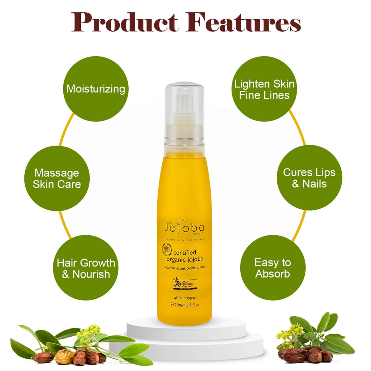 The Jojoba Company Natural Certified Organic Jojoba Oil For Face, Hair and Body, Anti Aging Oil (200 ML) image number 1