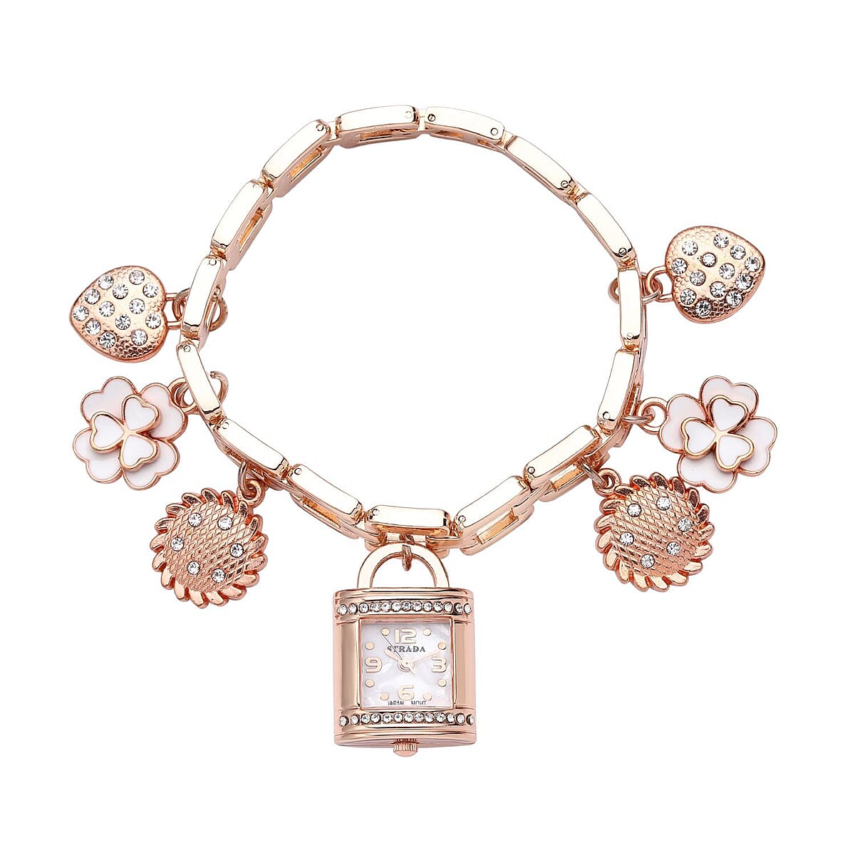 Strada Japanese Movement White Austrian Crystal Multi-charm Bracelet Watch in Rosetone (7-8 Inches) image number 0