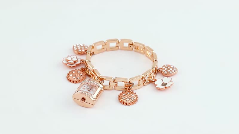 STRADA Japanese Movement White Austrian Crystal Multi-charm Bracelet Watch in Rose Gold Tone (up to 8 Inches)