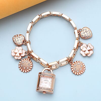 Strada Japanese Movement White Austrian Crystal Multi-charm Bracelet Watch in Rosetone (7-8 Inches)