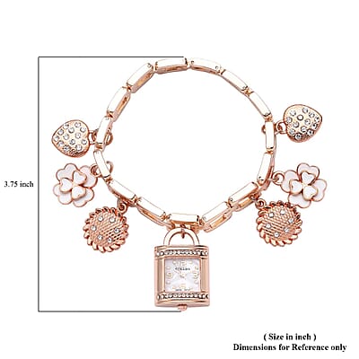 Strada Japanese Movement White Austrian Crystal Multi-charm Bracelet Watch in Rosetone (7-8 Inches)