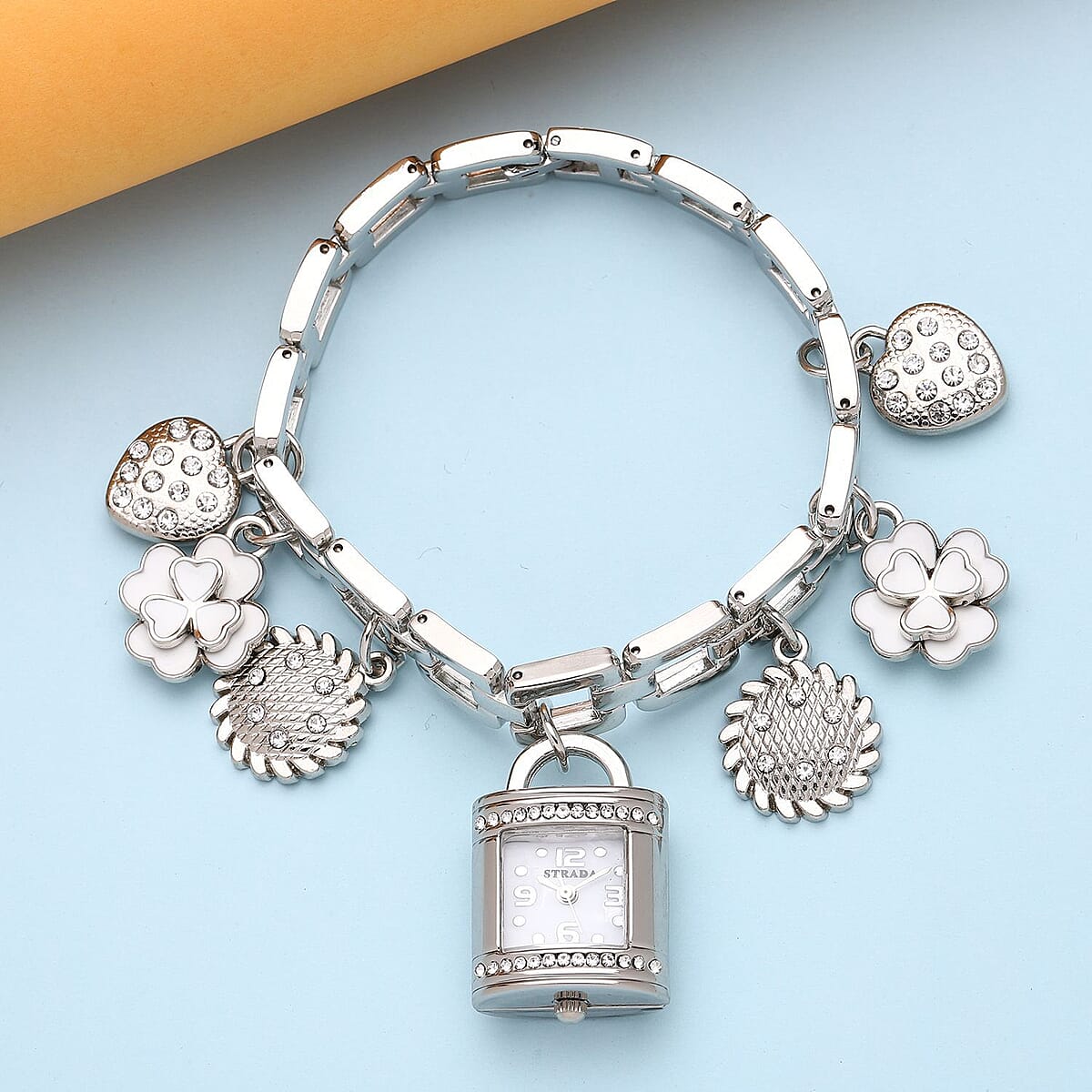 Strada Japanese Movement White Austrian Crystal Multi-charm Bracelet Watch in Silvertone (7-8 Inches) image number 1