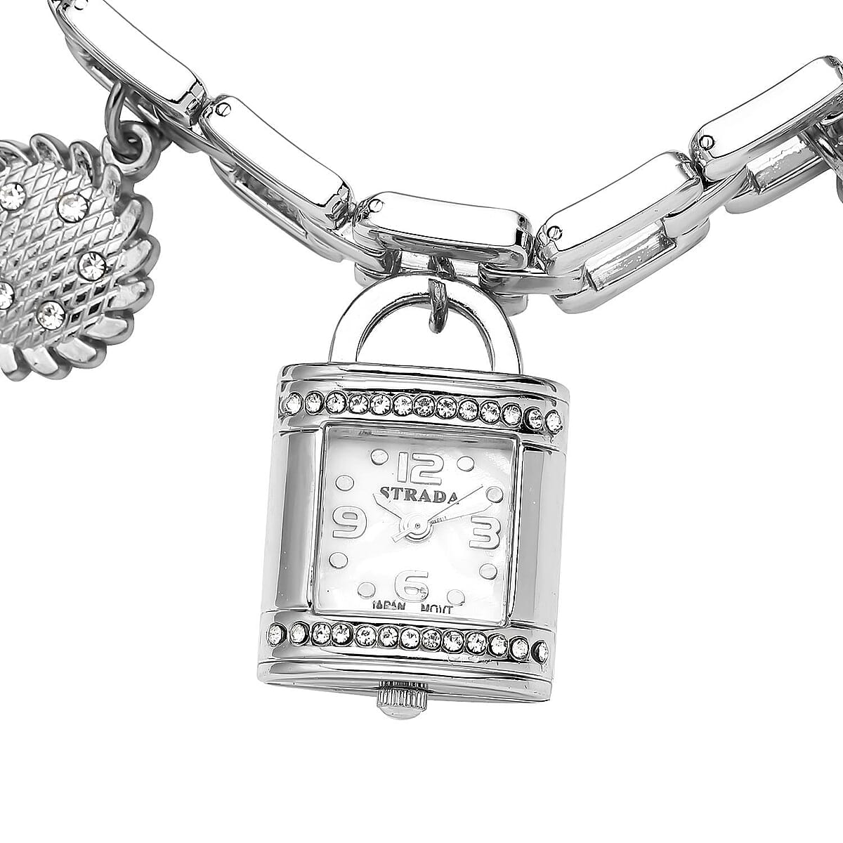 Strada Japanese Movement White Austrian Crystal Multi-charm Bracelet Watch in Silvertone (7-8 Inches) image number 2