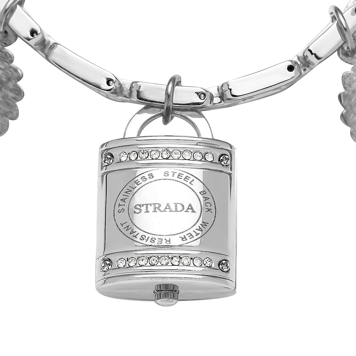Strada Japanese Movement White Austrian Crystal Multi-charm Bracelet Watch in Silvertone (7-8 Inches) image number 3
