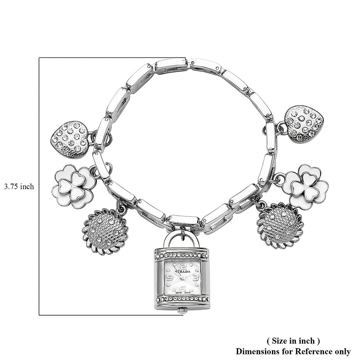 Strada Japanese Movement White Austrian Crystal Multi-charm Bracelet Watch in Silvertone (7-8 Inches) image number 4