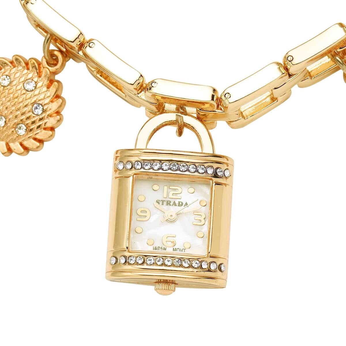 Strada Japanese Movement White Austrian Crystal Multi-Charm Bracelet Watch in Goldtone (up to 8 Inches) image number 2