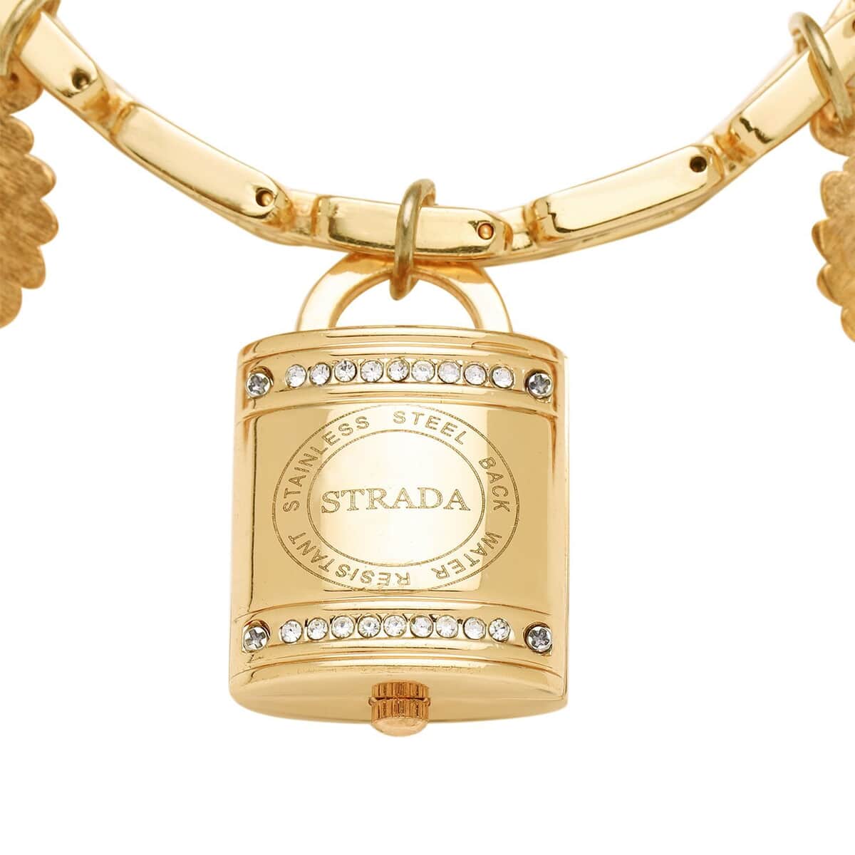 Strada Japanese Movement White Austrian Crystal Multi-Charm Bracelet Watch in Goldtone (up to 8 Inches) image number 3