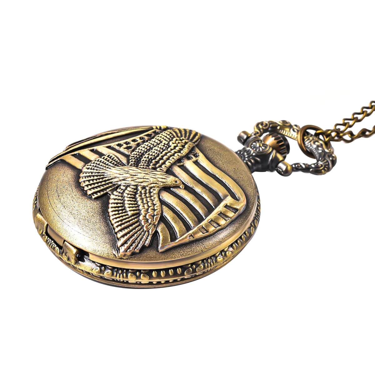 Strada Japanese Movement Eagle Spread Wings Pattern Pocket Watch With Chain (31 Inches) in Brasstone , Best Designer Vintage Pocket Watch , Antique Pocket Watch image number 2