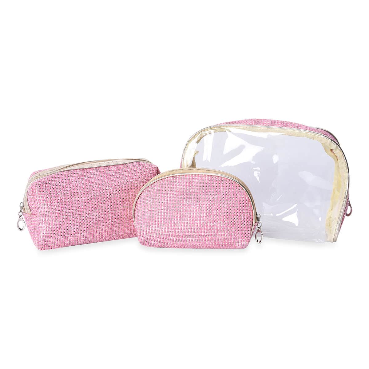 Set of 3 Pink and Transparent Woven Pattern Zipper Closure Cosmetic Bag image number 0