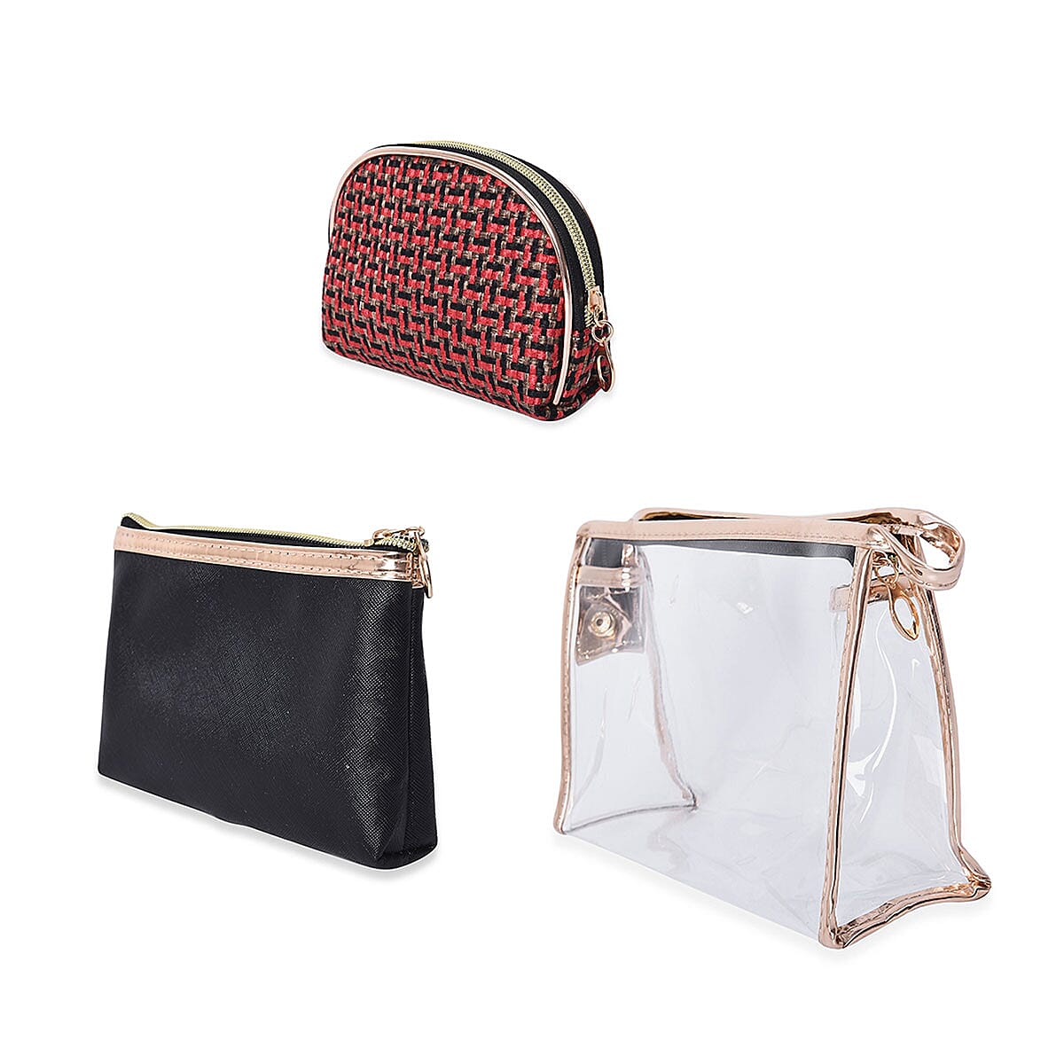 Value Buy Set of 3 Black, Brown Woven Pattern & Transparent Cosmetic Bags (7.5,7, 6.5) image number 1