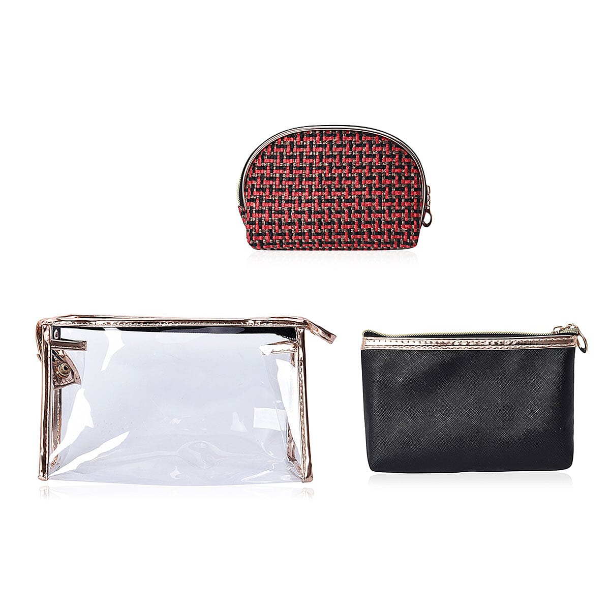 Value Buy Set of 3 Black, Brown Woven Pattern & Transparent Cosmetic Bags (7.5,7, 6.5) image number 2