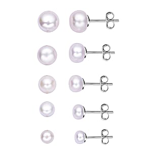 Set of 5 Freshwater Cultured White Pearl Stud Earrings in Stainless Steel, Solitaire Pearl Earrings, Pearl Jewelry For Women
